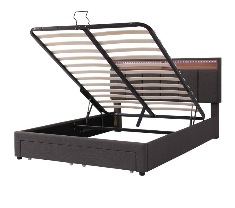 Lit Coffre Double Capitonné 140x190 Cm LED Et USB-c, Métal Lin Bois, Gris