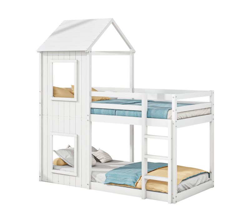 Lit Superposé 90x200 Cm - Lit Cabane Enfant Avec échelle Et Baldaquin - Bois De Pin - Blanc