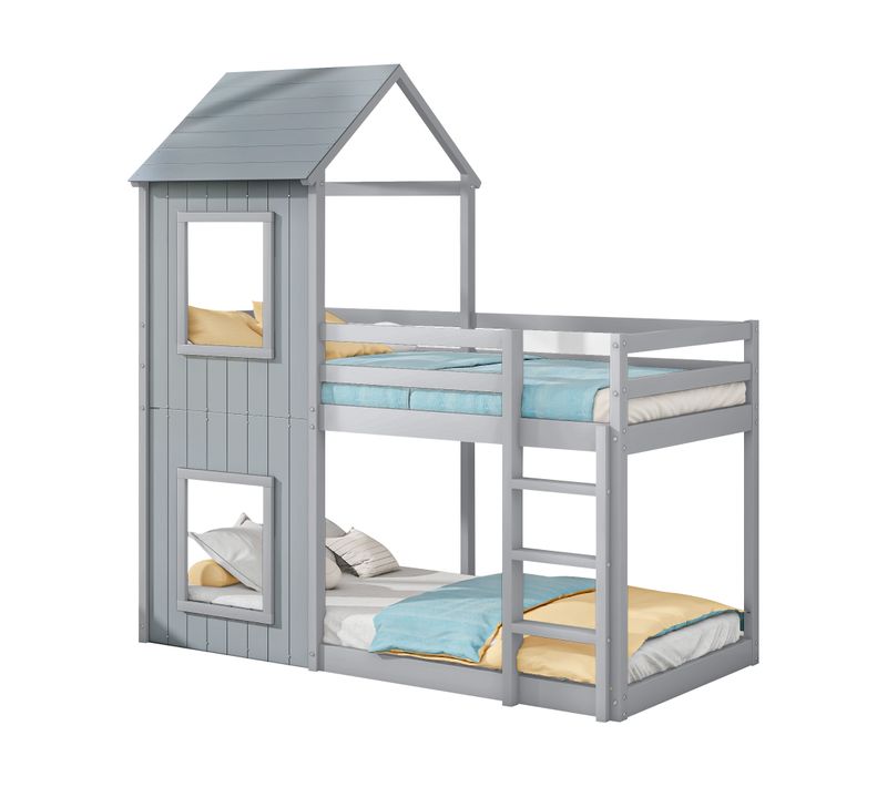 Lit Superposé 90x200 Cm - Lit Cabane Avec Échelle Et Baldaquin - Bois - Gris