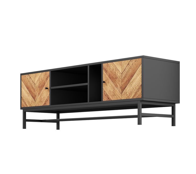 Meuble TV, Rangement Vertical/horizontal, Compartiments Ouverts/fermés, Contemporain, Noir/bois