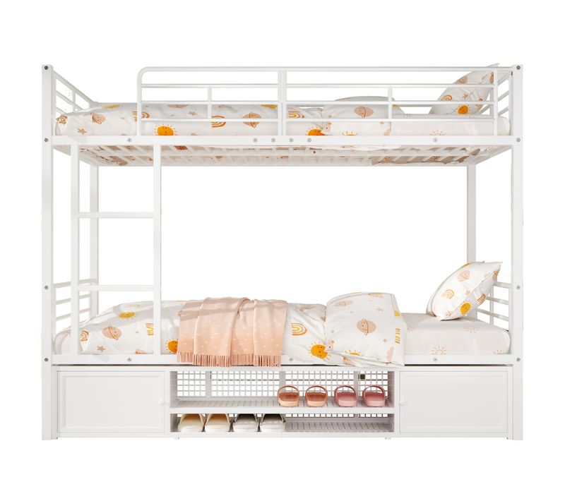 Lit Superposé 90x200 Cm Enfant Métal, Rangement Chaussures, 2 Tiroirs, Protection Latérale, Blanc