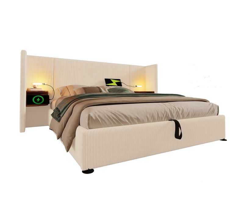 Lit Coffre 160x200 Cm, Lit Double Capitonné, Chevet Et Lampe De Lecture - Velours Côtelé, Beige
