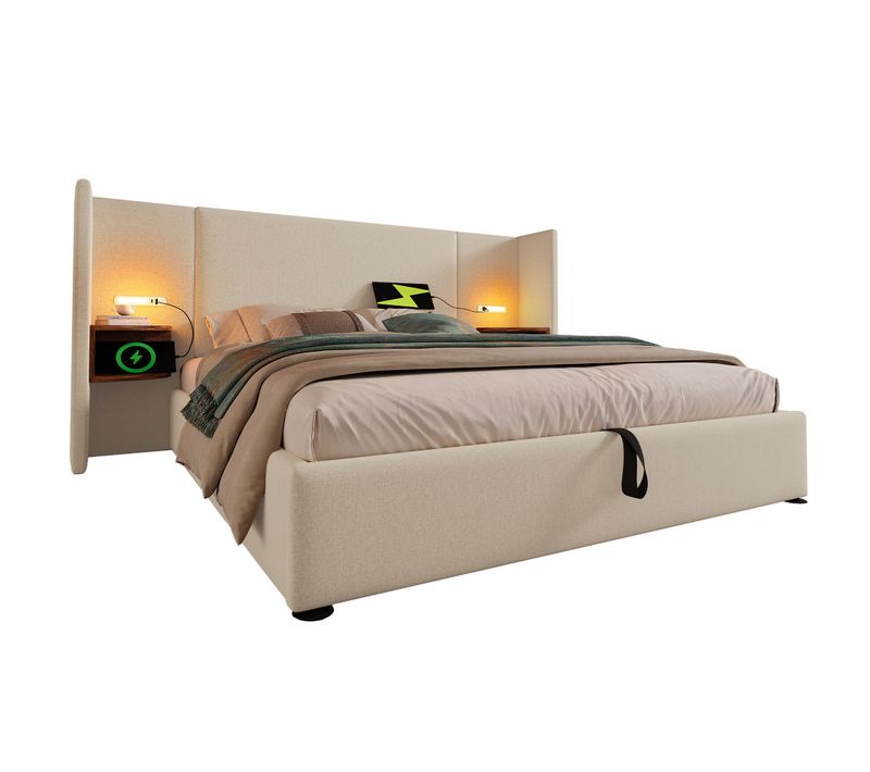 Lit Coffre 160x200 Cm - Lit Double Capitonné Avec Table De Chevet Et Lampe De Lecture - Lin - Beige