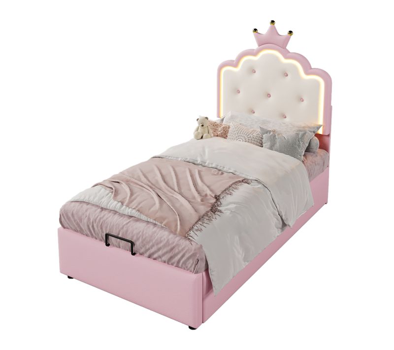 Lit Coffre Enfant, Lit Simple Avec LED Télécommandée, 90 X 200 Cm, Rose