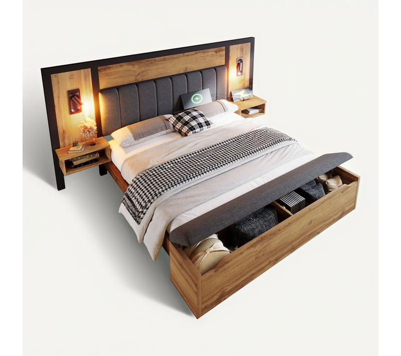 Lit Avec Rangement 180x200 Cm, Lit Double Capitonné, Lampe De Lecture Et Chevet USB C, Métal, Chêne