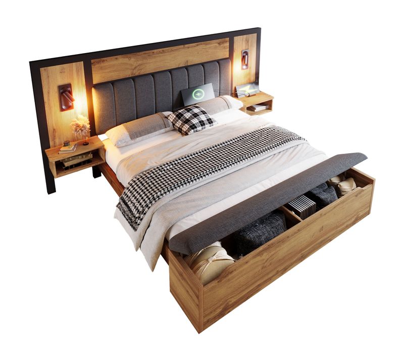 Lit Avec Rangement 160x200 Cm, Lit Double Capitonné, Lampe De Lecture Et Chevet USB C, Métal, Chêne
