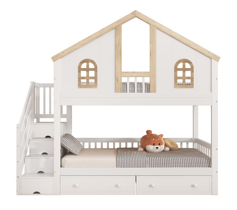 Lit Superposé 90x200 Cm Cabane Enfant, Fenêtre, échelle, 2 Tiroirs, Barrière, Pin + Mdf, Blanc