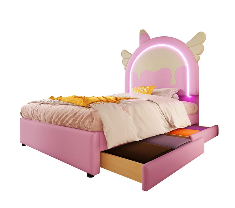 Lit Simple Pour Enfant 90x200 Cm - Lit Licorne Avec 2 Tiroirs Et LED - Pu + Mdf - Rose