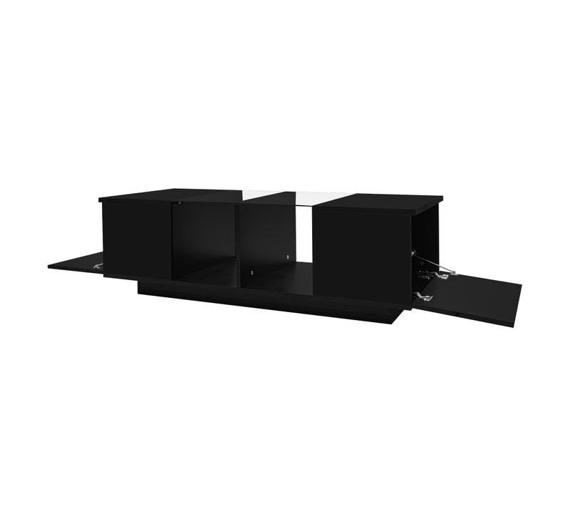 Table Basse Salon, Étagère En Verre, Portes, LED Multicolore, Rangement Spacieux, Mdf Noir.