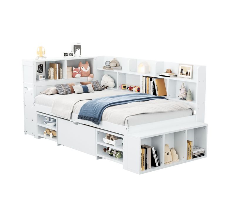 Lit Enfant 90x200 Cm - Lit Avec Rangement Et Bibliothèque, Lit Combiné En Mdf Blanc