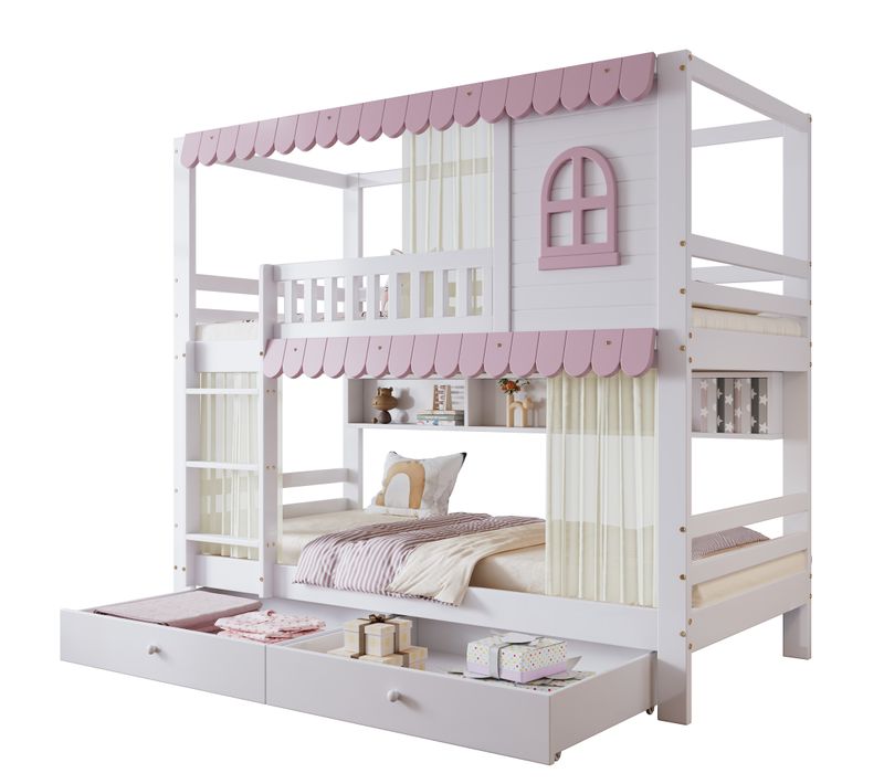 Lit Superposé Enfant 90x200 Cm Cabane, Rideaux, Barrière, 2 Tiroirs, étagère, Pin+mdf, Blanc/rose