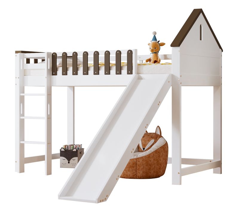 Lit Mezzanine 90x200 Cm Cabane Enfant, Toit, Fenêtres, Échelle, Toboggan, Pin+mdf, Blanc/noyer