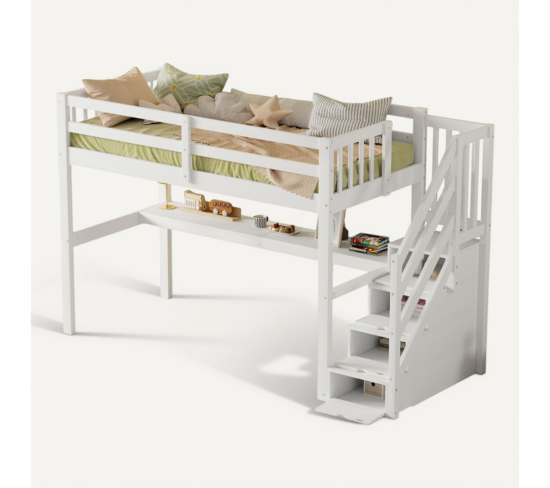 Lit Mezzanine Enfant 90×200 Cm Avec Bureau, Rangements Et étagères, Bois, Blanc