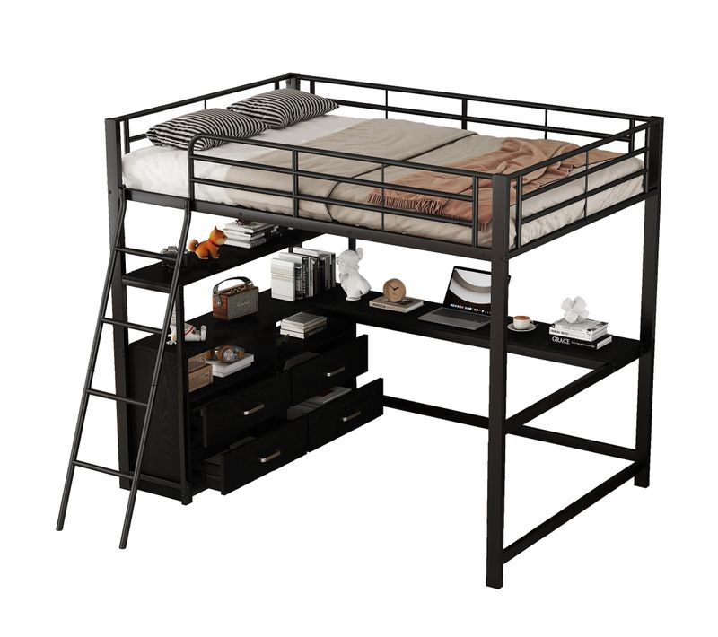 Lit Mezzanine 140x200 Cm - Lit Double Avec Bureau En L Et Rangements Intégrés - Métal + Mdf - Noir