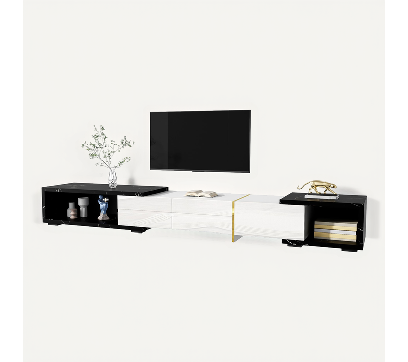 Meuble TV Bas Pivotant, Design Marbre Noir, Finition Blanche Mate Et Brillante, Mdf Et Contreplaqué