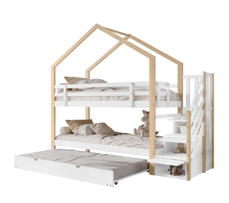 Lit Superposé 90x200 Et 90x190 Cm Enfant Avec Protection, Cabane, échelle, Bois Naturel/blanc
