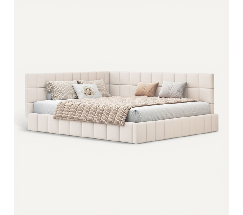 Lit Banquette Double 160x200 Cm, Capitonné Velours, Structure Contreplaqué Mdf, Beige