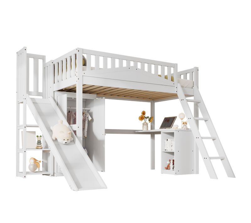 Lit Superposé 90x200 Cm Enfant Avec Toboggan, Escalier, Protection Et Rangement, Bois, Blanc