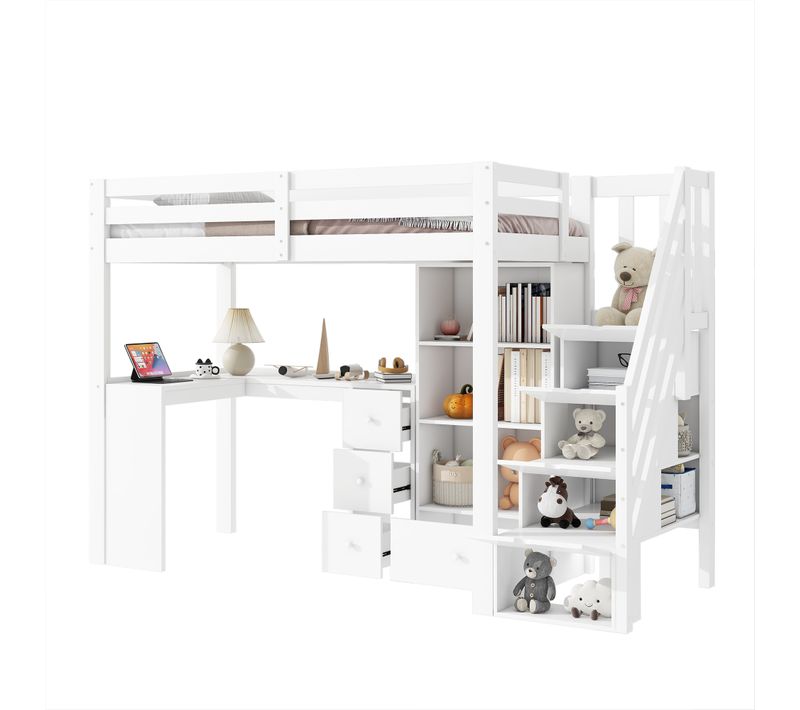 Lit Mezzanine 90x200 Cm Enfant Avec Bureau, Rangement, échelle Escamotable, Mdf, Blanc