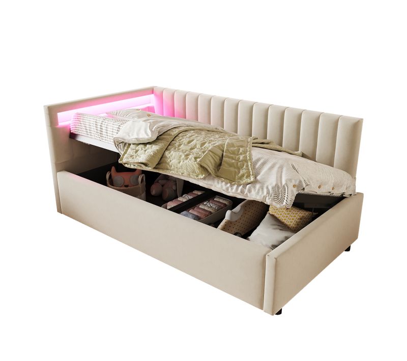 Lit Coffre 90x200 Cm - Lit Banquette, Tête Latérale Ajustable, éclairage LED, Velours, Beige