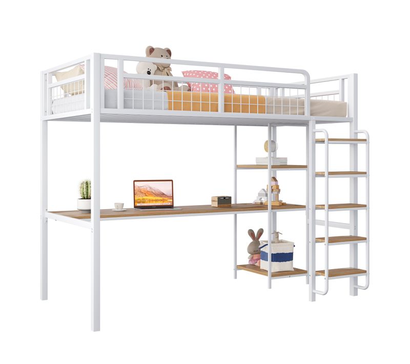 Lit Mezzanine Enfant 90x200 Cm En Métal Avec Bureau, étagères Et échelle De Sécurité, Blanc
