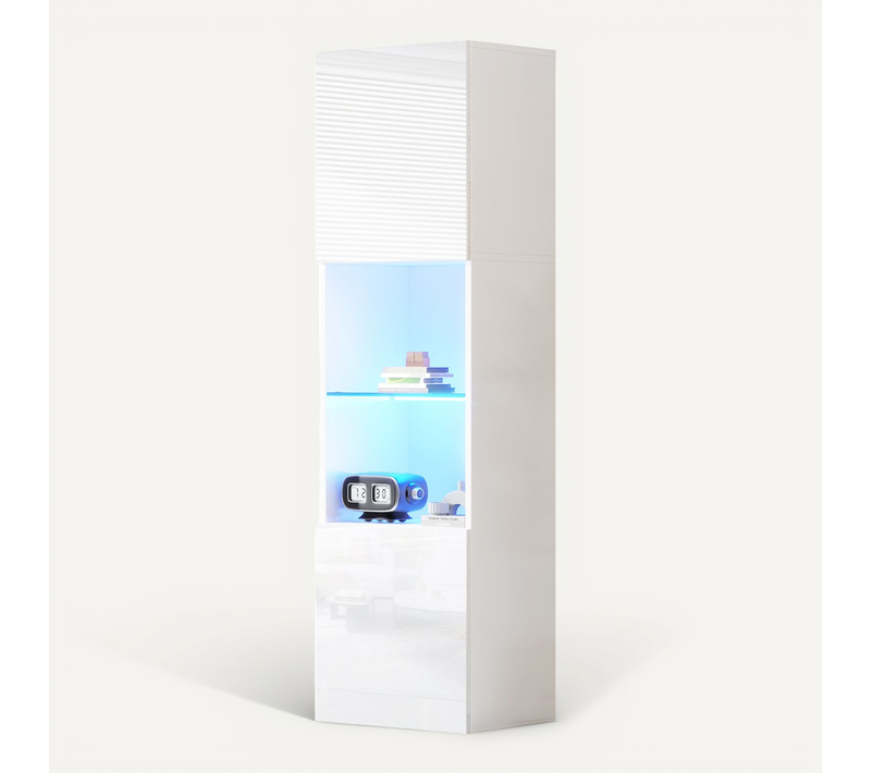 Armoire Vitrine Haute, LED Avec Télécommande, Portes Vitrées, 1 étagère Verre, Blanc