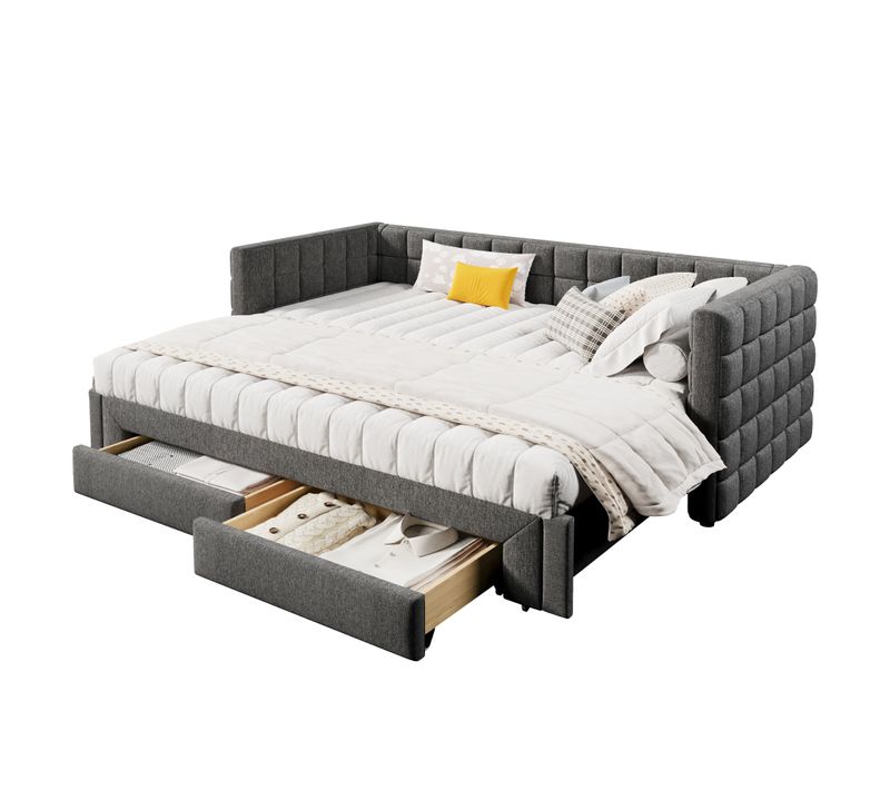 Lit Gigogne 90×200 Cm, 2 Tiroirs, Dossier Carré, Velours Gris