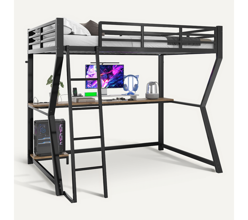 Lit Mezzanine 90×200 Cm Avec Bureau, LED, Prise USB, étagère PC Et Escalier, Métal Noir