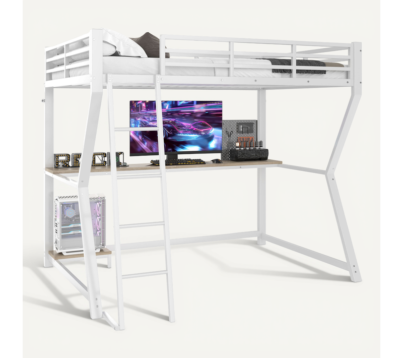 Lit Mezzanine 90×200 Cm Avec LED, Bureau, Prise Et USB, Escalier, Garde-corps, Blanc