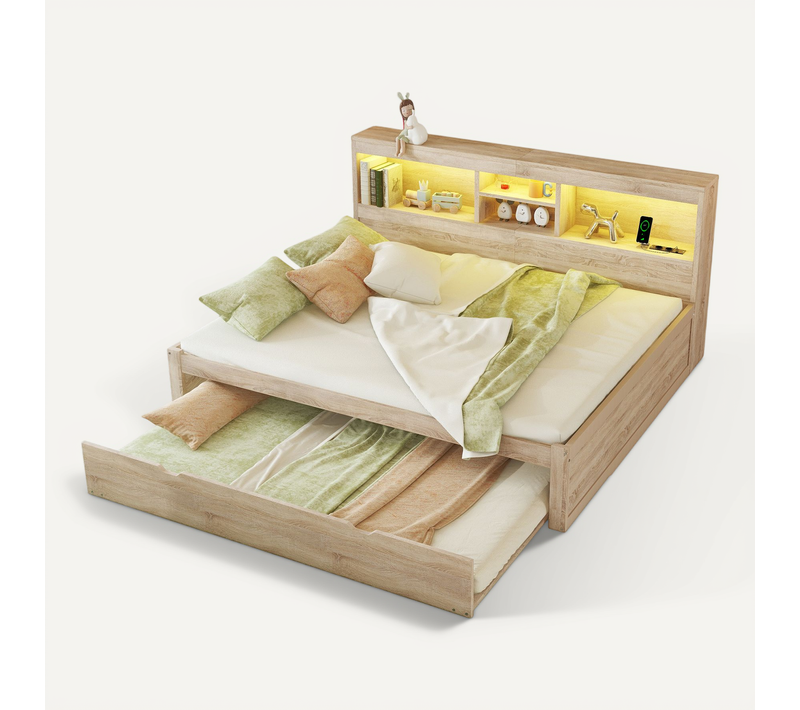 Lit Gigogne 140x200 Cm Double, Tiroir Coulissant 90x190, LED, Ports USB, Prise, Rangement, Naturel