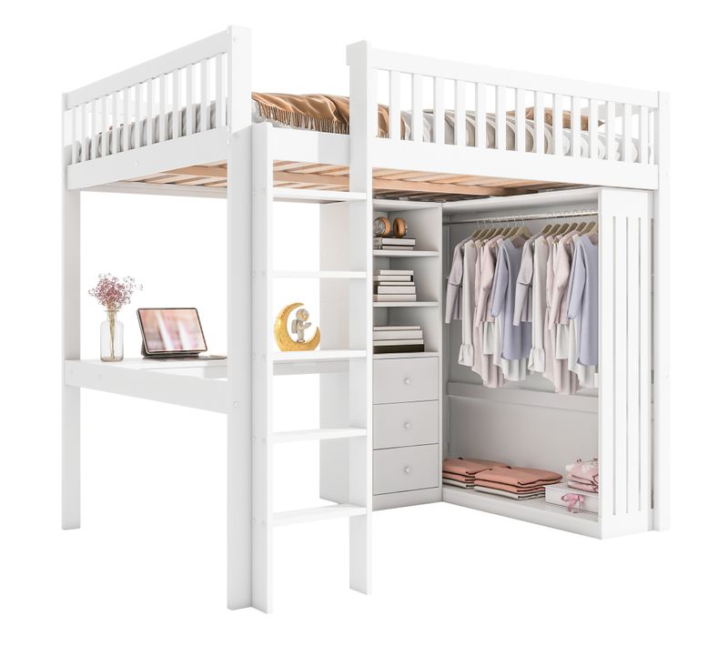Lit Mezzanine 140×200 Cm Double Avec Bureau, Armoire, Escalier Et Rangements Intégrés, Bois Blanc