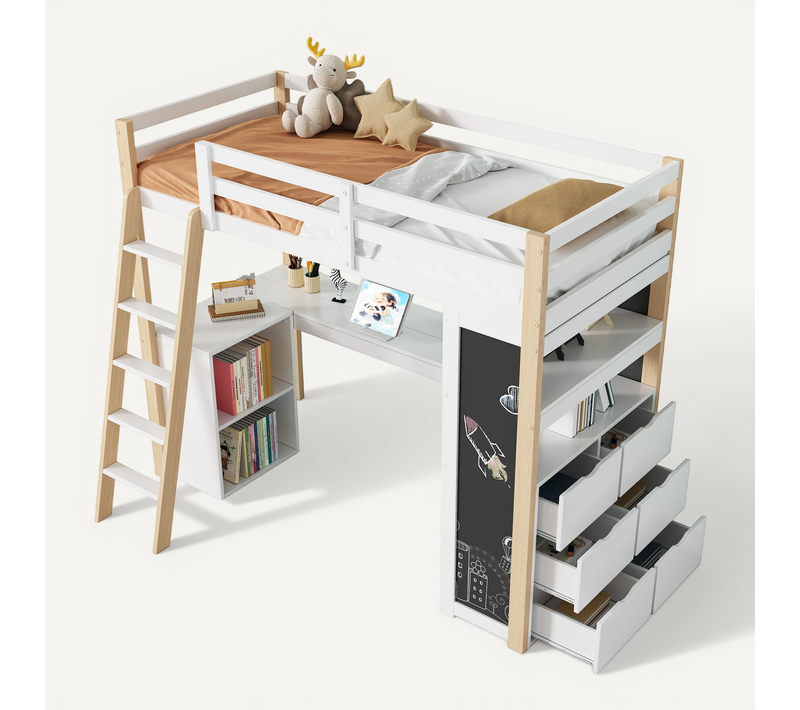 Lit Mezzanine Enfant 90x200 Cm Multifonction, Bureau Et Grand Tiroir, Bois Et Mdf, Blanc Et Naturel