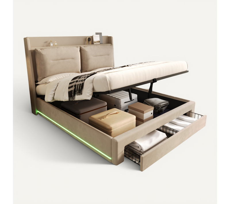 Lit Coffre 180x200 Cm – Lit Double Rembourré Avec Tiroir Et LED, Velours, Beige