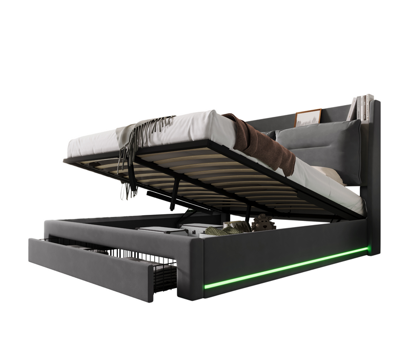 Lit Coffre 160x200 Cm – Lit Double Rembourré Avec Tiroirs Et LED, Velours, Gris