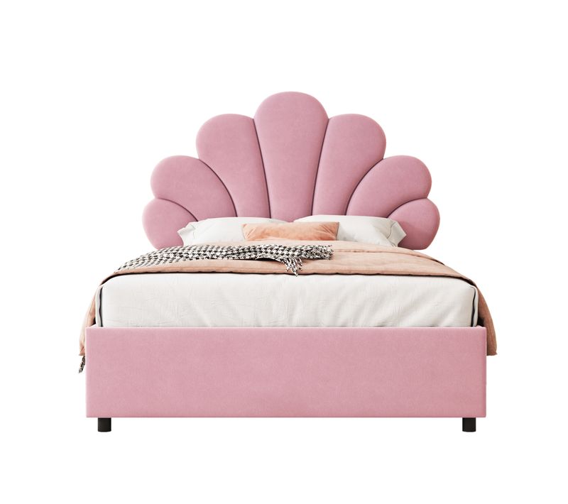 Lit Coffre 90x200, Enfant Avec Tête De Lit Réglable, Rangement Hydraulique, Velours/métal, Rose