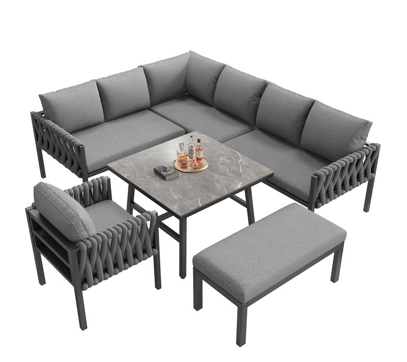 Salon De Jardin 7-8 Places En Métal Avec 2 Canapés, Fauteuil, Banc, Table Et Coussins - Gris