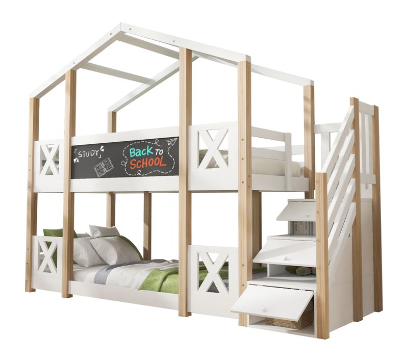 Lit Superposé 90x200 Cm - Lit Enfant Avec Escalier De Rangement - Bois Massif - Blanc