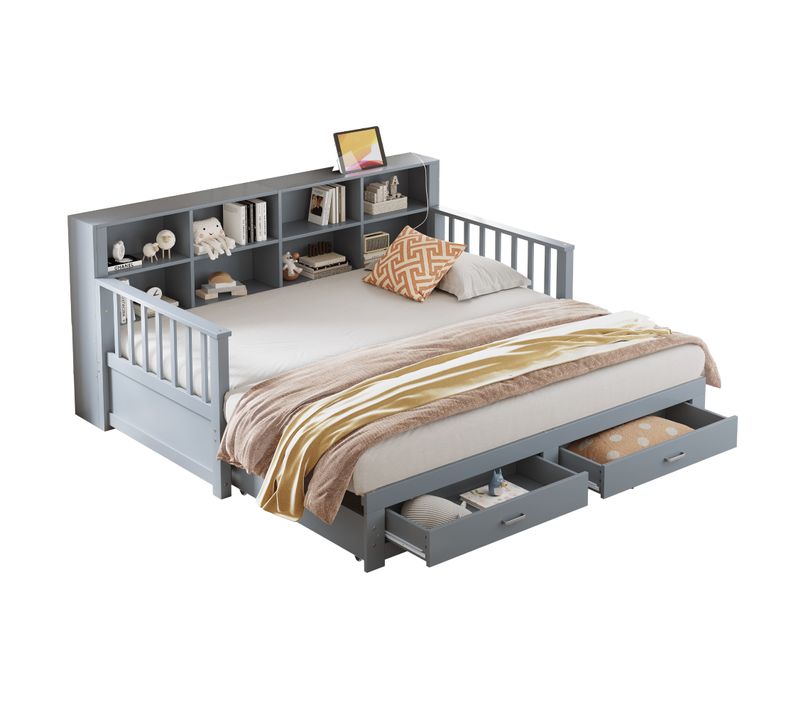 Lit Gigogne En Bois 90/180x190 Cm Extensible, Tiroirs, Prise USB, Multifonction, Rangement, Gris