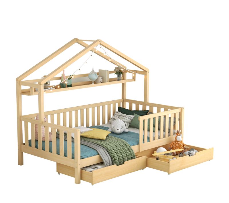 Lit Enfant 90x200 Cm - Lit Cabane Avec 2 Tiroirs De Rangement, Sommier En Bois Inclus, Naturel