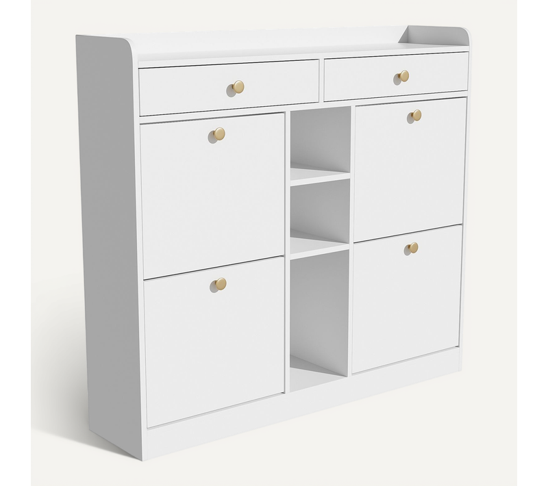 Meuble à Chaussures Avec 4 Portes, 2 Tiroirs Et 3 Compartiments Ouverts, Entrée, Blanc