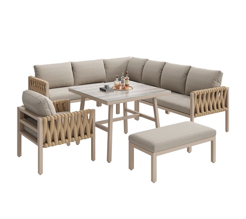Salon De Jardin Avec Canapé D'angle, Fauteuil, Banc Et Table - Polyester - Beige