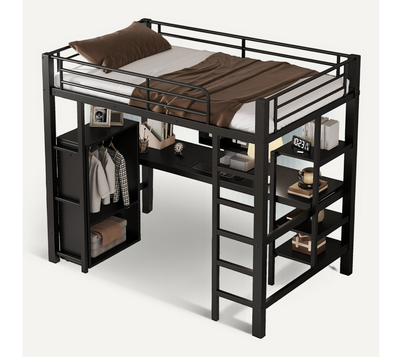 Lit Mezzanine 90×200 Cm Avec Bureau, Armoire, étagères Et échelle 5 Marches Métal Noir