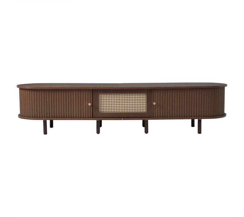 Meuble TV Salon Moderne, Tiroir Et Portes Coulissantes, Mdf Et Rotin, Noyer Foncé