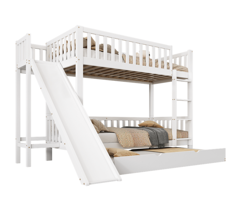 Lit Superposé Enfant 90x200/90x190 Cm Cabane En Bois Avec Lit Gigogne, Toboggan, Rangement, Blanc