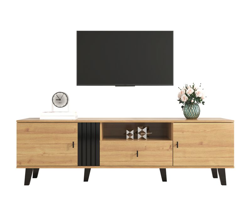 Meuble TV Avec Tiroirs - Design élégant - Panneau De Particules (mdf) - Noir Et Naturel