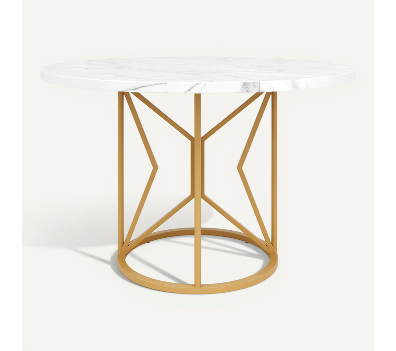 Table à Manger Ronde Avec Pieds Géométriques En Métal Et Plateau Mdf Effet Marbre – Blanc Et Or