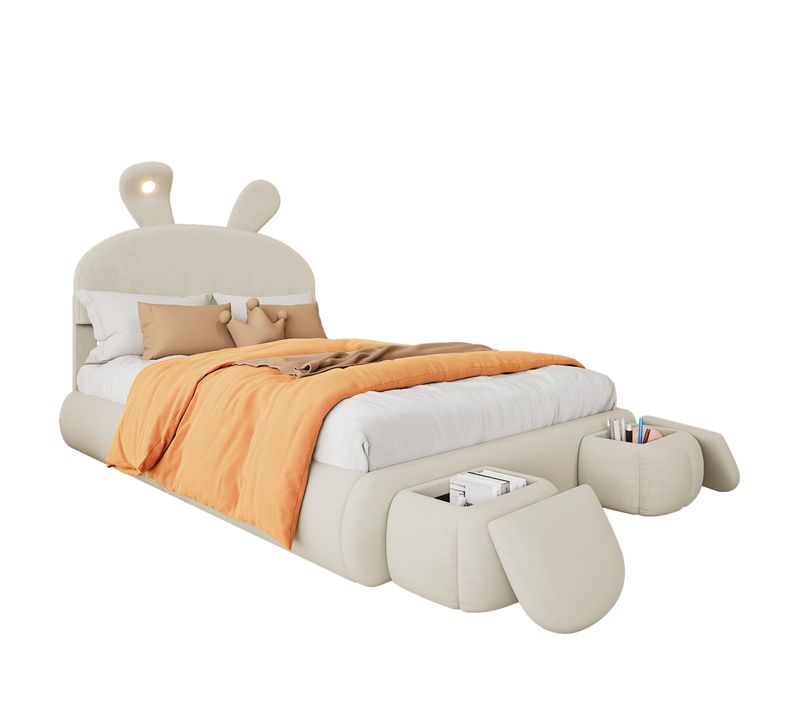 Lit Double 140x200 Cm Enfant Rembourré, Oreilles Lapin, Bande Lumineuse, 2 Tabourets, Velours Blanc
