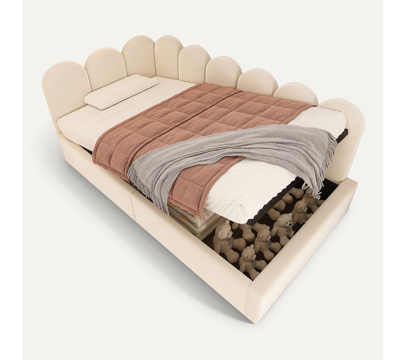 Lit Coffre Simple 90x190 Cm Avec Rangement Hydraulique Et Sommier Métallique - Velours Beige
