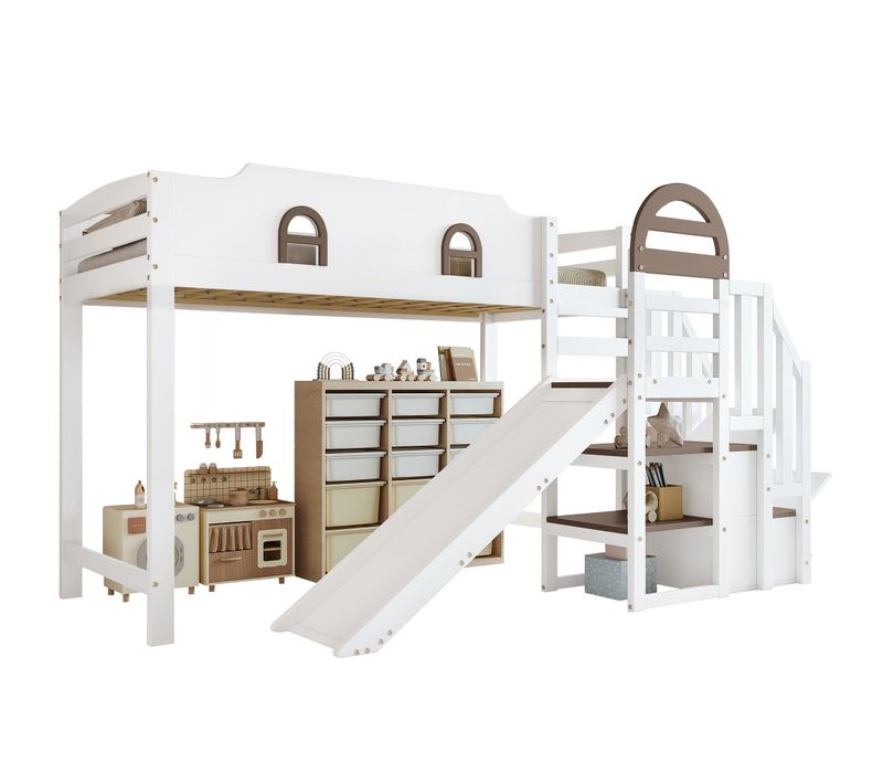 Lit Mezzanine Enfant 90x200 Cm, Toboggan, Escalier Armoire, Étagère, Pin et Mdf, Blanc/marron
