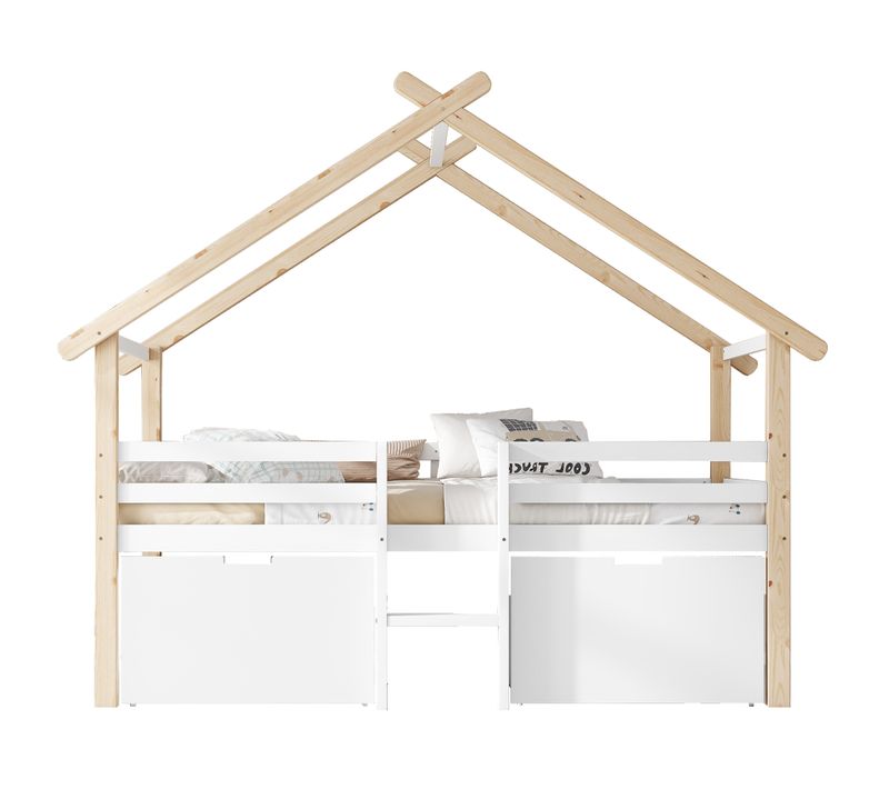 Lit Enfant 90x200 Cm - Lit Simple Cabane Avec Escalier Et 2 Rangements, Pin Blanc Et Naturel